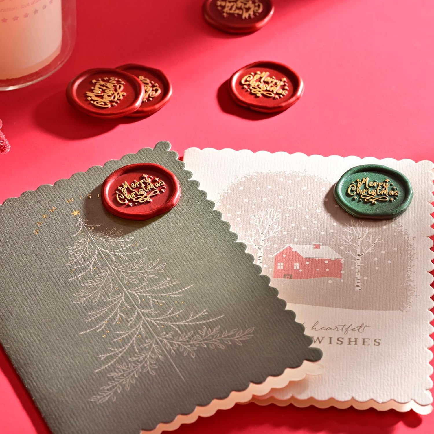 UNIQOOO Calcomanías de sello de cera de Navidad, color rojo y verde con oro, 50 calcomanías autoadhesivas, perfectas para Navidad, invierno, San