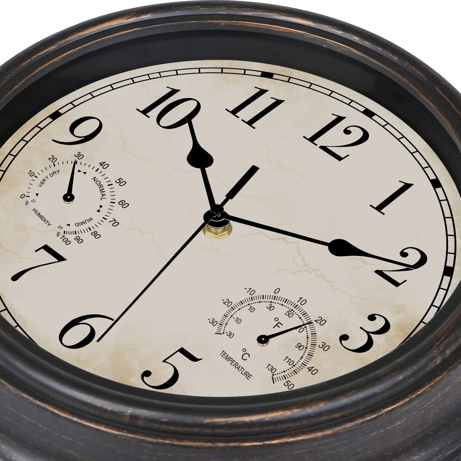 Reloj de pared retro impermeable de 12 pulgadas para interiores y exteriores, con termómetro e higrómetro, funciona con pilas, reloj de pared