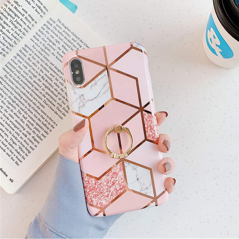 Qokey Funda para iPhone Xs, iPhone X, diseño de mármol, linda moda para mujeres, niñas y hombres con anillo giratorio de 360 grados, soporte de TPU