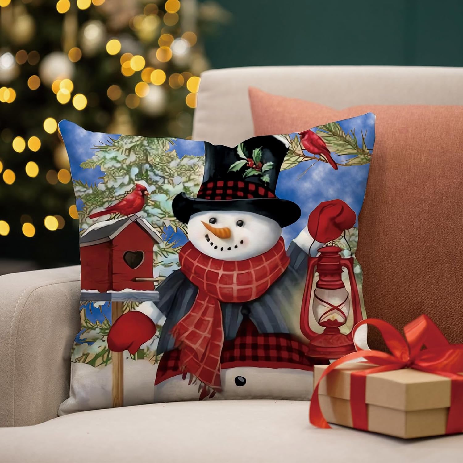 Juego de 4 fundas de almohada de muñeco de nieve de Navidad de 18 x 18 pulgadas, fundas de almohada de terciopelo suave para sala de estar,