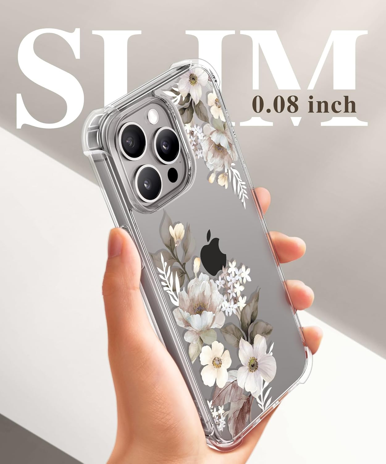 GVIEWIN Funda para iPhone 15 Pro floral, con protector de pantalla + protector de lente de cámara, no se pone amarillenta delgada y a prueba de