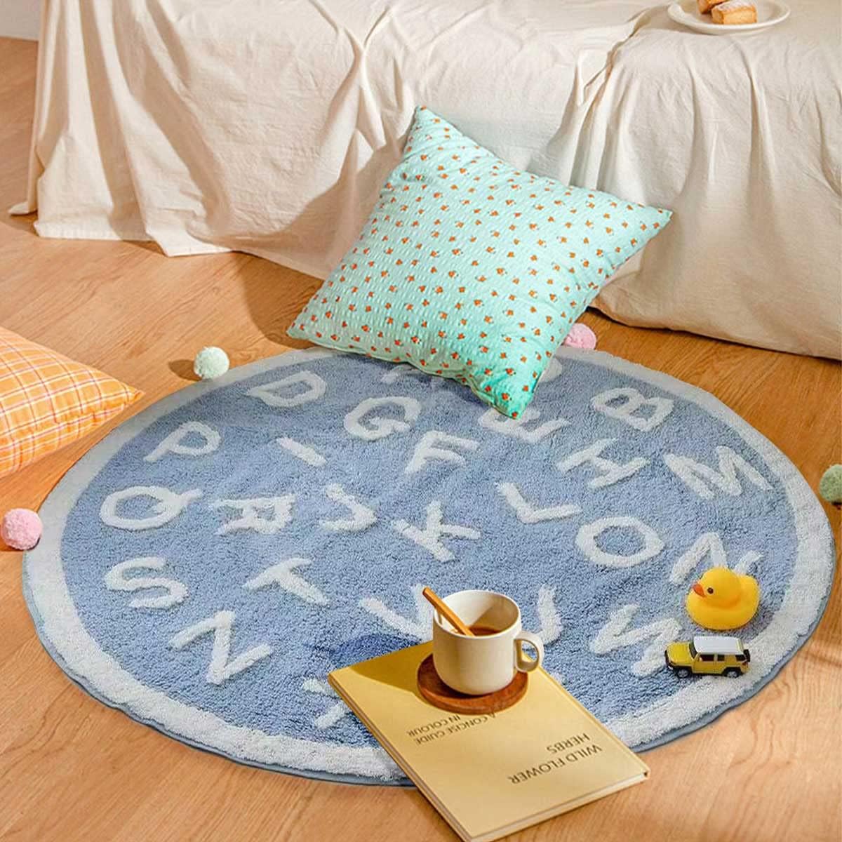 Alfombra redonda del alfabeto ABC de 4.6 pies para niños, sala de juegos, dormitorio, felpa suave, lavable, antideslizante, para aprendizaje