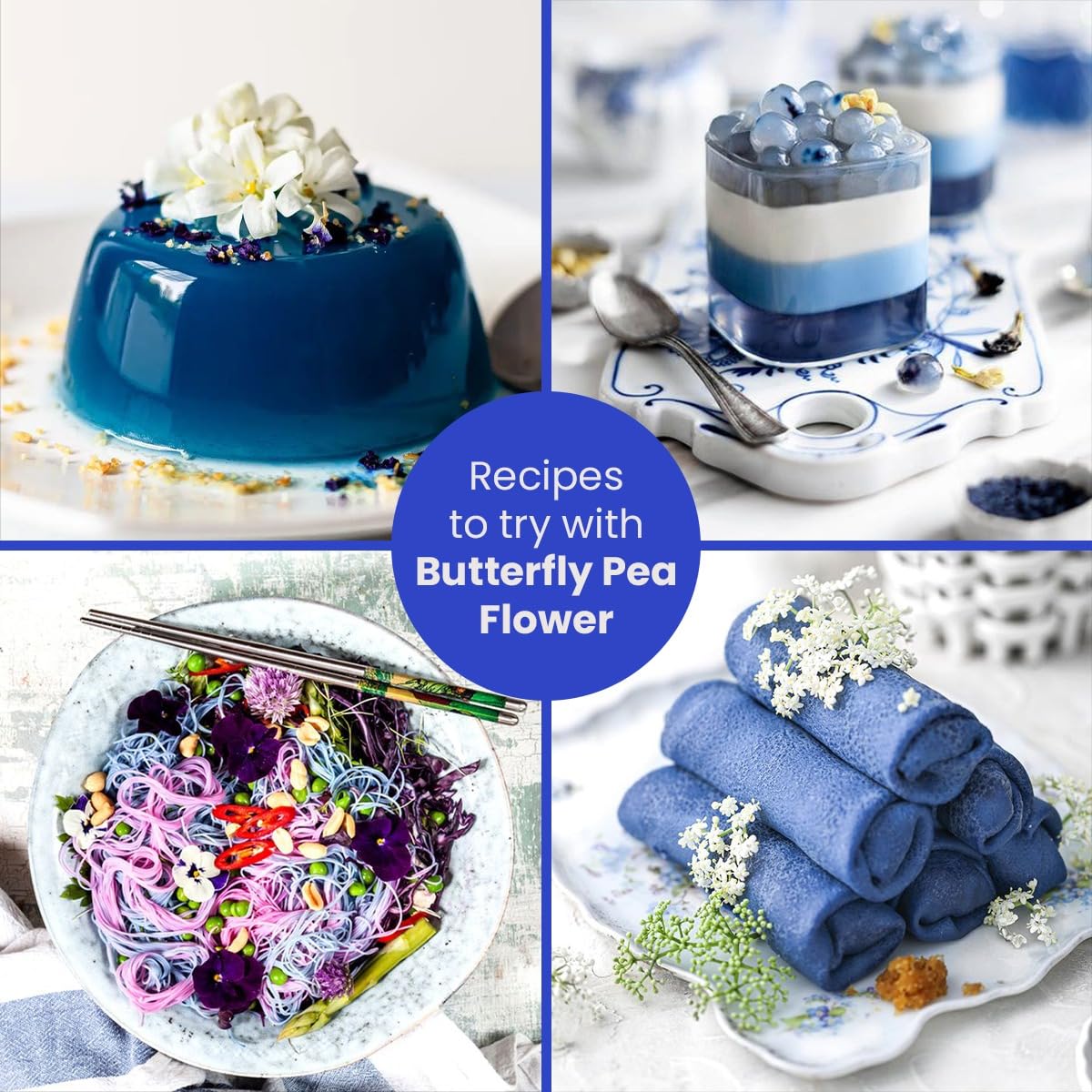 BLUE TEA – Flor de guisante de mariposa – 30 bolsas de té piramidales  Color natural de los alimentos  Té helado azul púrpura y rosa natural,