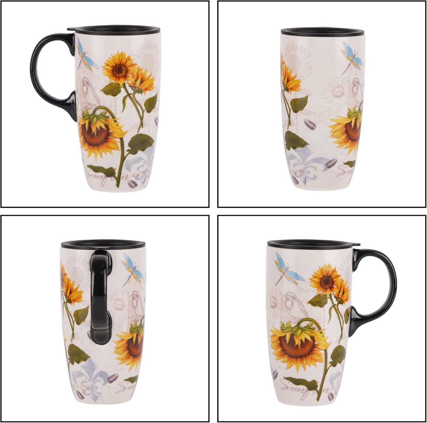 DUSVALLY Taza de café de cerámica con tapa, taza de té de latte de porcelana con asa 16.9 fl oz17 oz, girasol, regalos para mamá