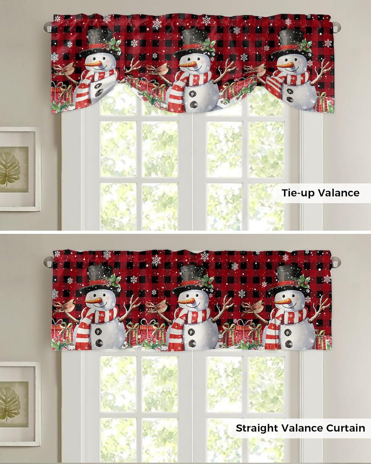 Cenefas de Navidad con diseño de muñeco de nieve para ventanas, muñeco de nieve de Navidad, cardenal, rojo, negro, búfalo, a cuadros, bolsillo para