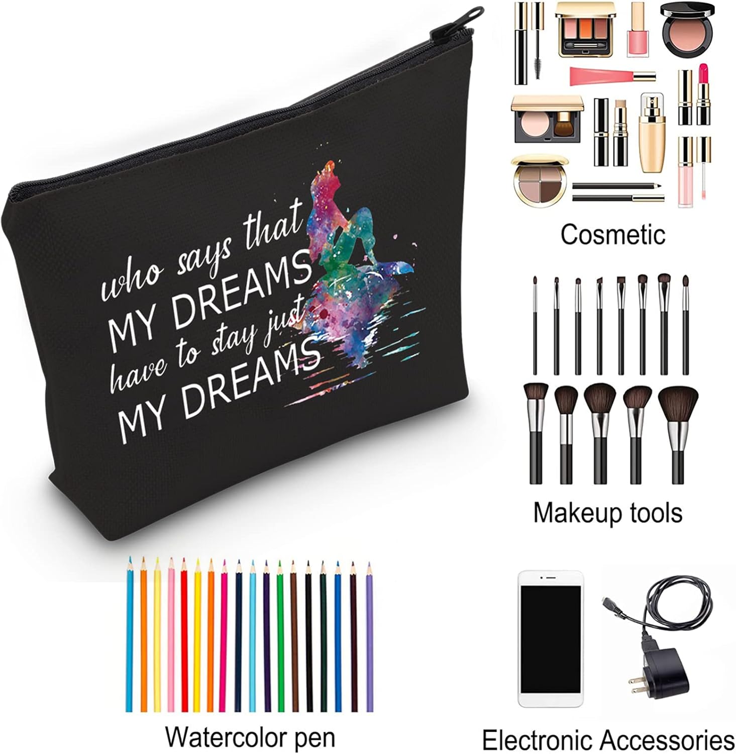 ZJXHPO Bolsa de cosméticos de sirena, bolsa de maquillaje para fanáticos de Ariel, con cremallera, bolsa de aseo de princesa sirena, regalo
