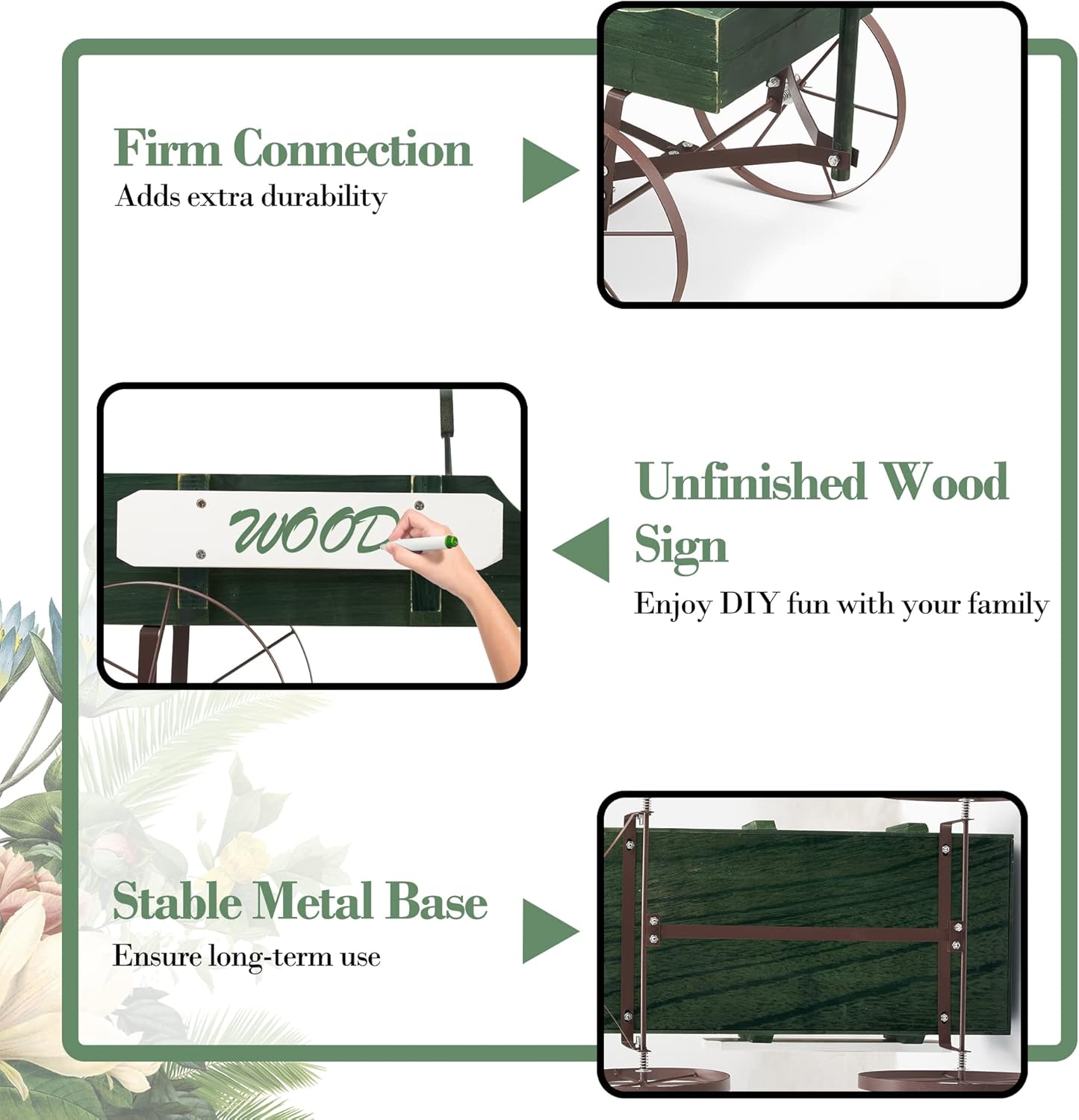 Decoración de rueda de carro de madera, maceta de jardín pequeña decorada con divisor y asa, decoración de porche para interiores y exteriores,