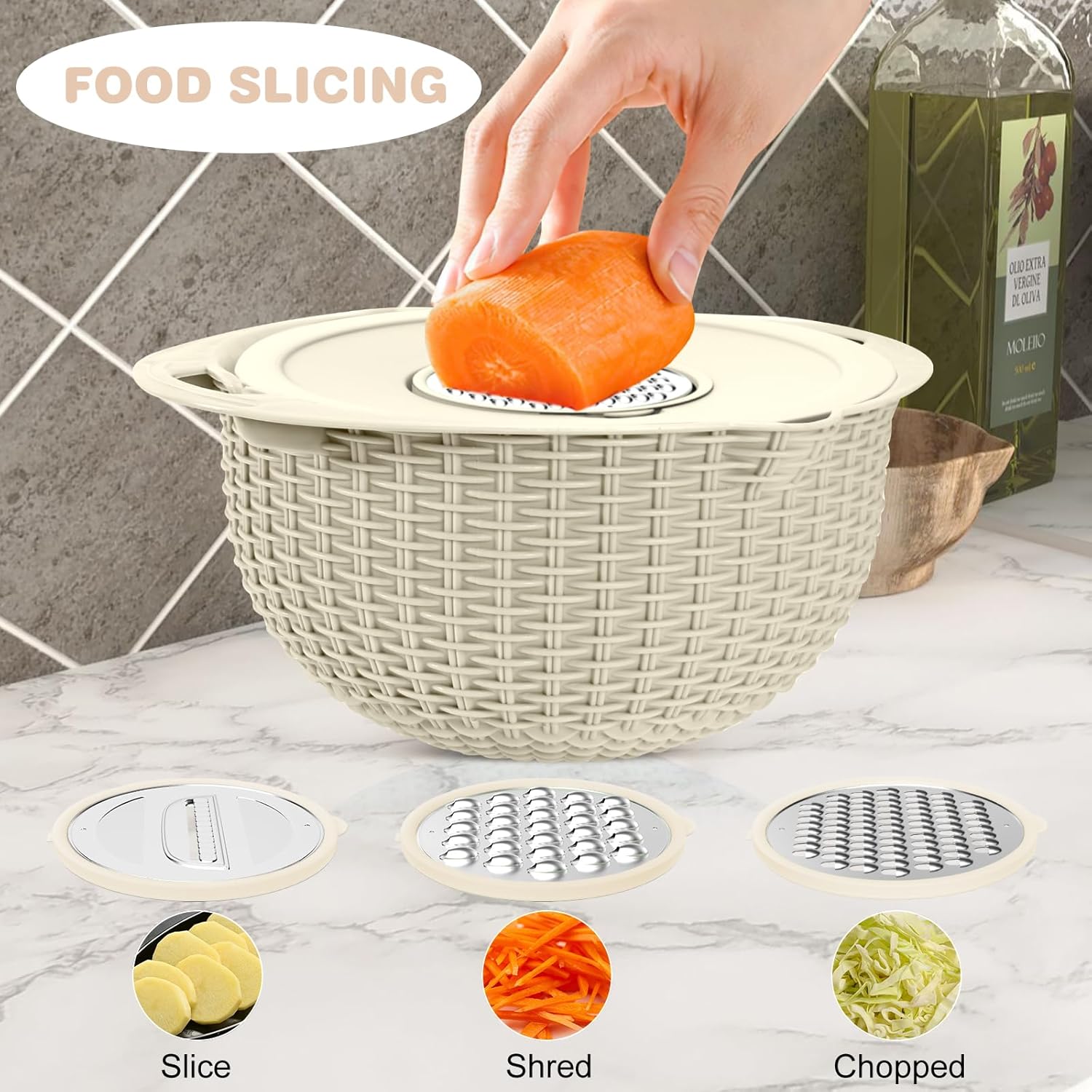 Colador 4 en 1 con juego de tazones para mezclar, cesta de drenaje giratoria de doble capa con tapa y rebanadora, hilador de ensalada, limpiador de