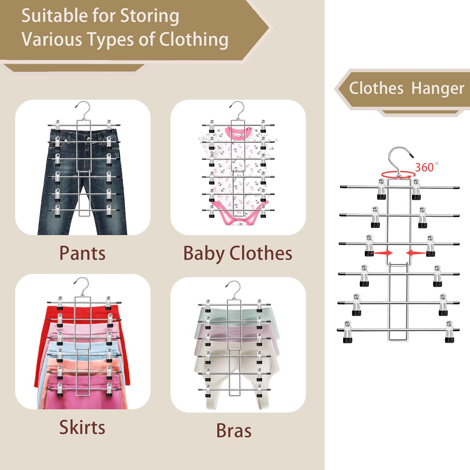 Perchas, perchas para pantalones, perchas de ropa de 6 niveles con gancho giratorio de 360, perchas que ahorran espacio con clips, organizador de
