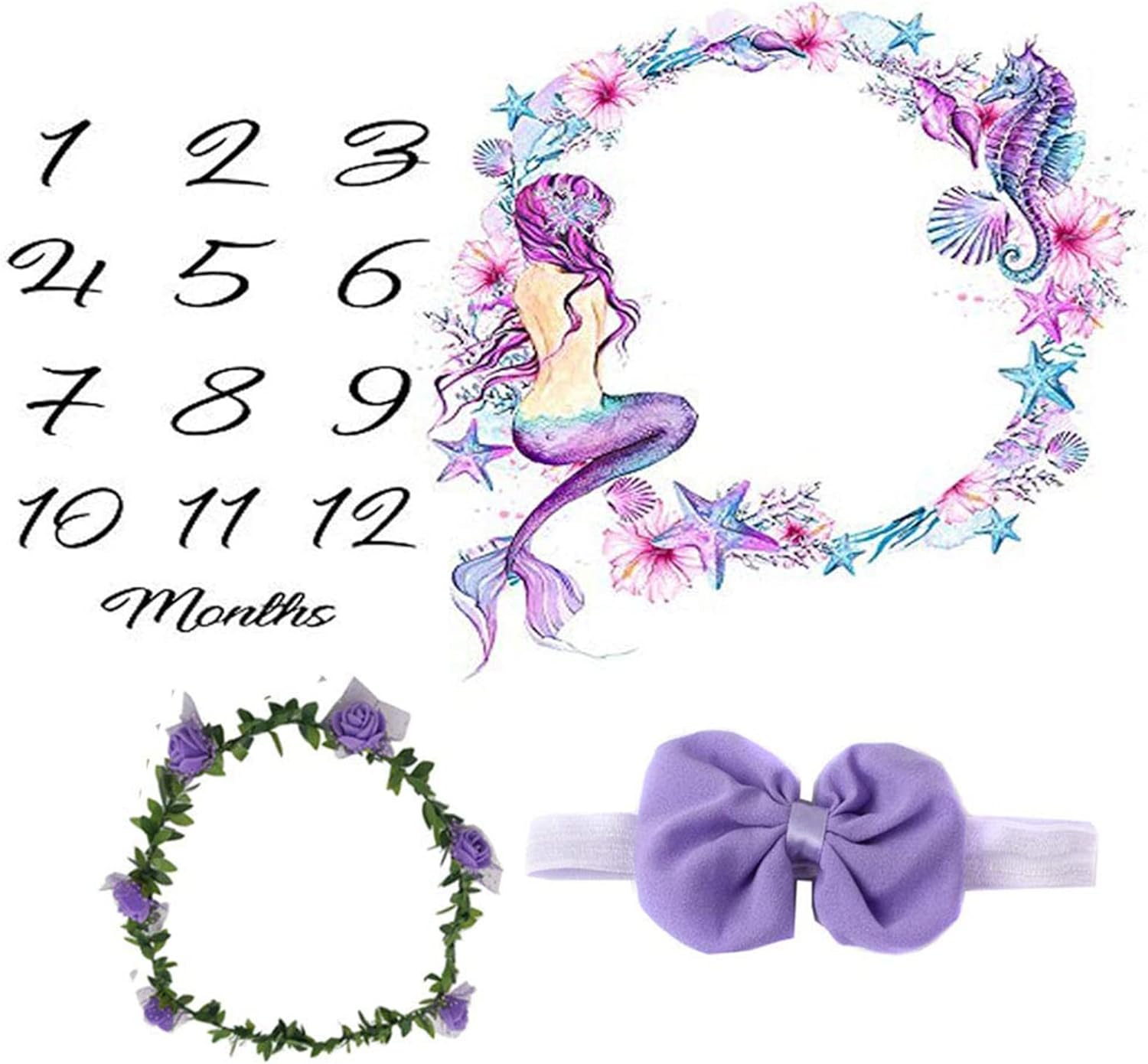 Manta mensual de hitos para bebés, niñas recién nacidas, accesorios de fotos de sirena morada, telón de fondo para fotografía personalizada, manta