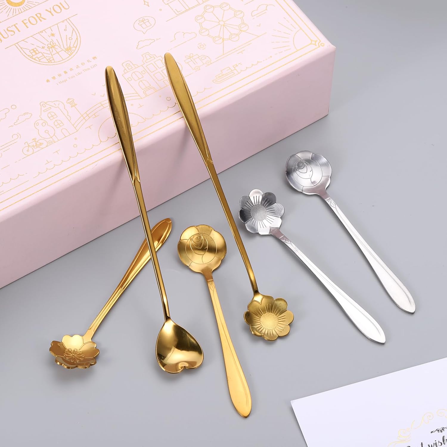 uxcell 4 cucharas de flores de acero inoxidable de 7 pulgadas de mango largo, cucharadita de corazón, cuchara de helado, cucharas de café para
