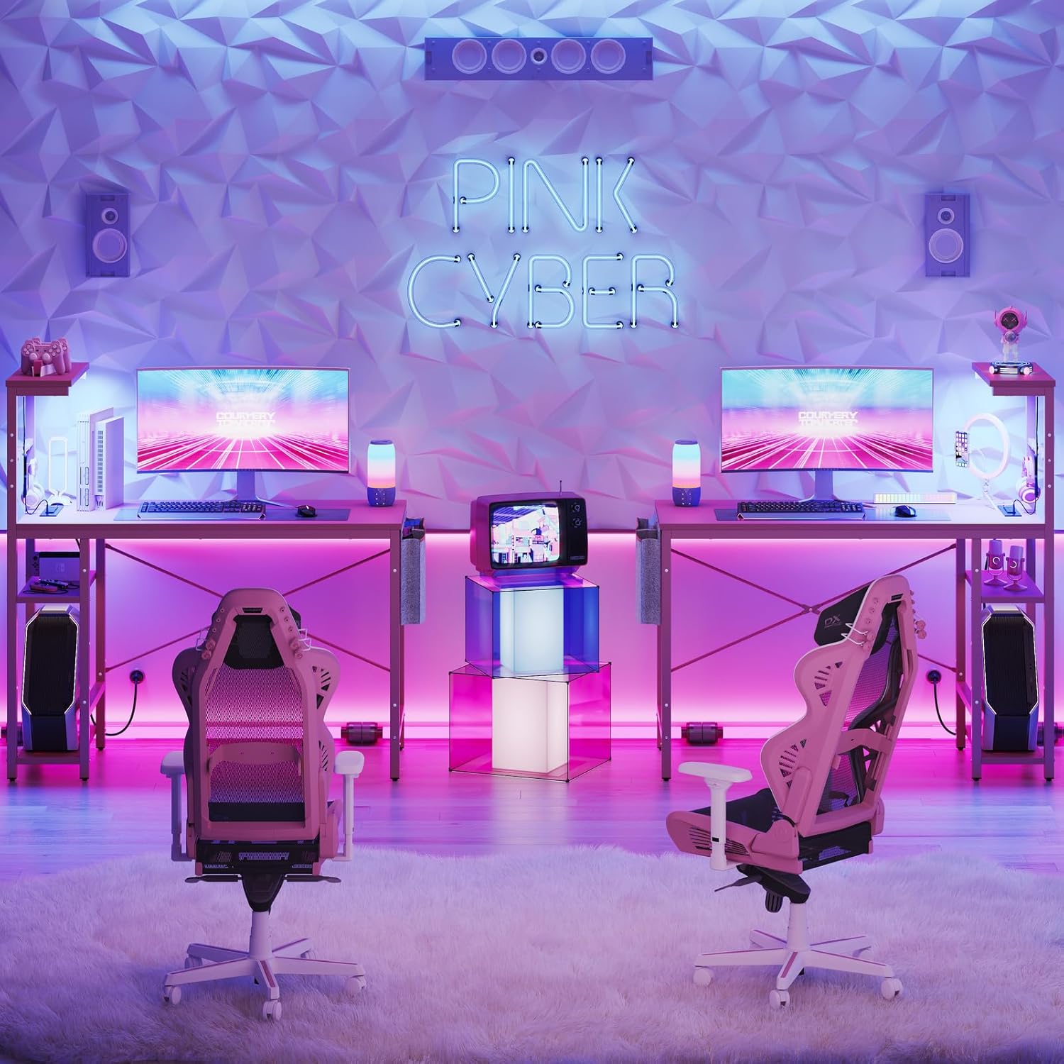 Bestier Escritorio rosa para juegos con tomas de corriente, escritorio LED para jugadores de 44 pulgadas con estantes reversibles de 4 niveles,