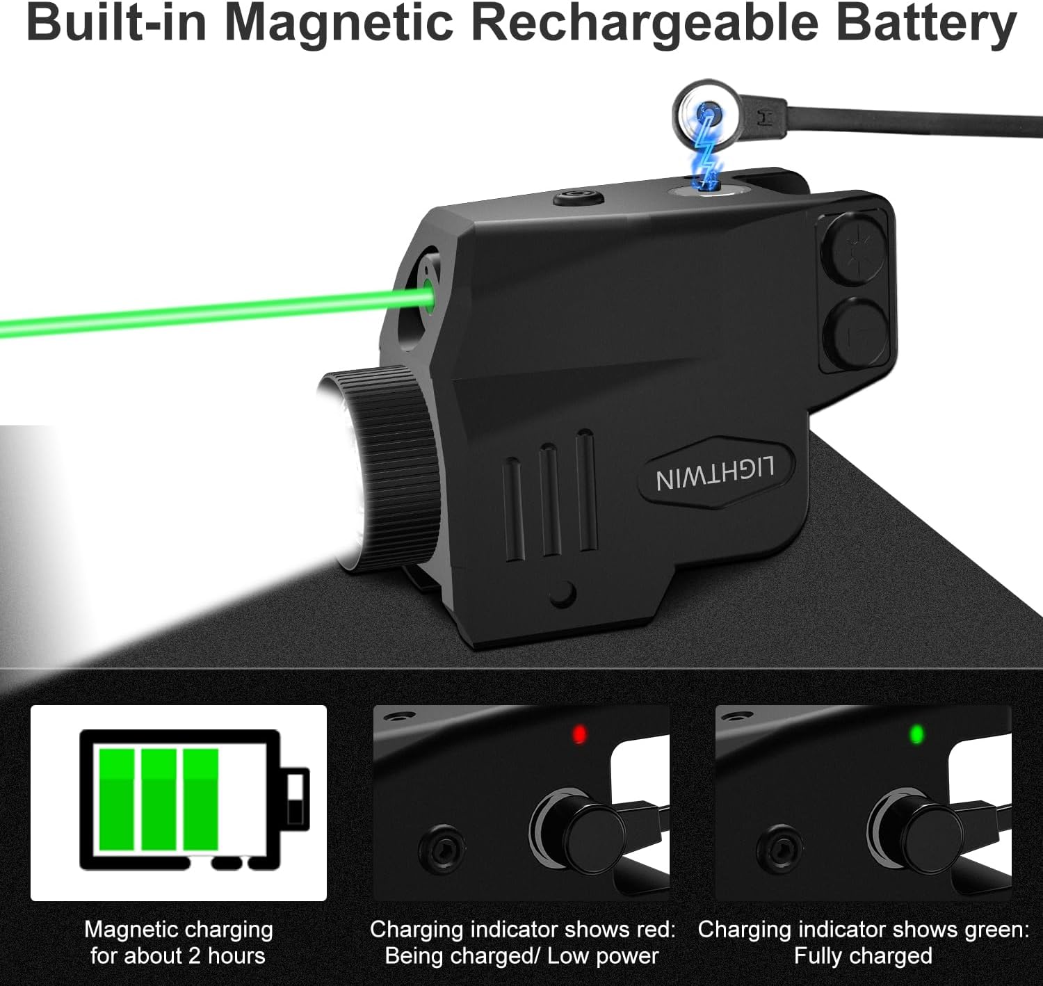 Combo de luz láser magnética recargable de 500 lúmenes, haz láser rojoverde, función estroboscópica y constante para linterna táctica con riel