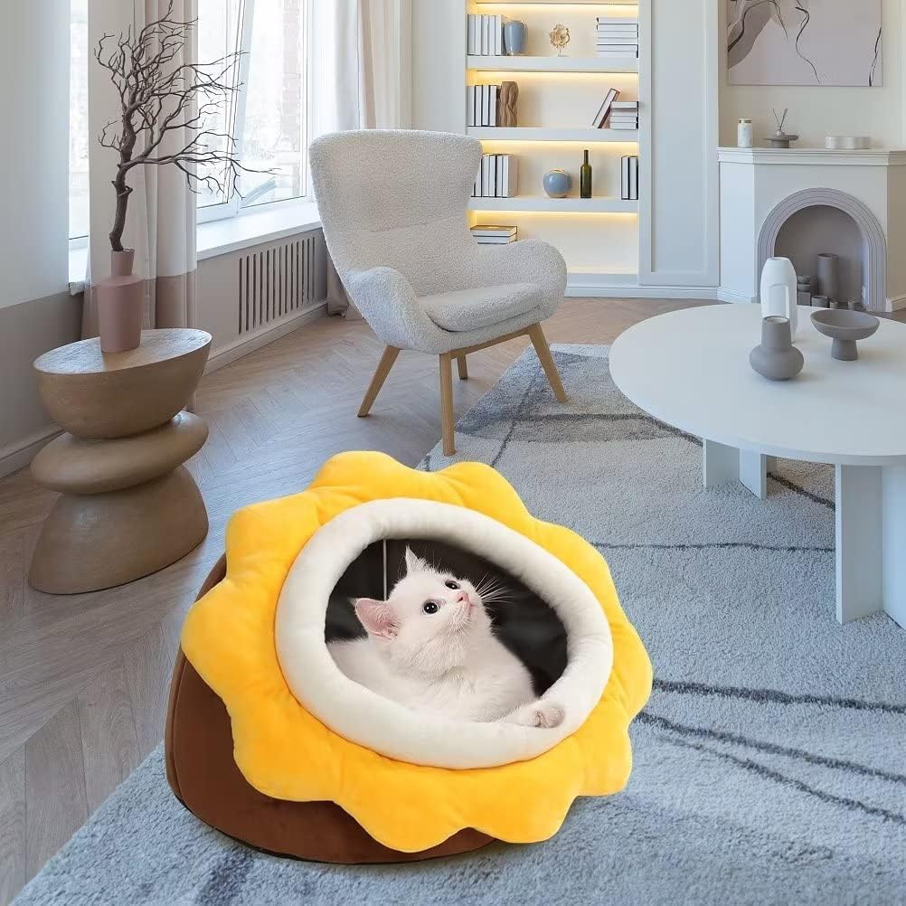 Camas para gatos de interior  Cama pequeña para gatos con parte inferior antideslizante, cueva en forma de girasol para gatosperros con juguete