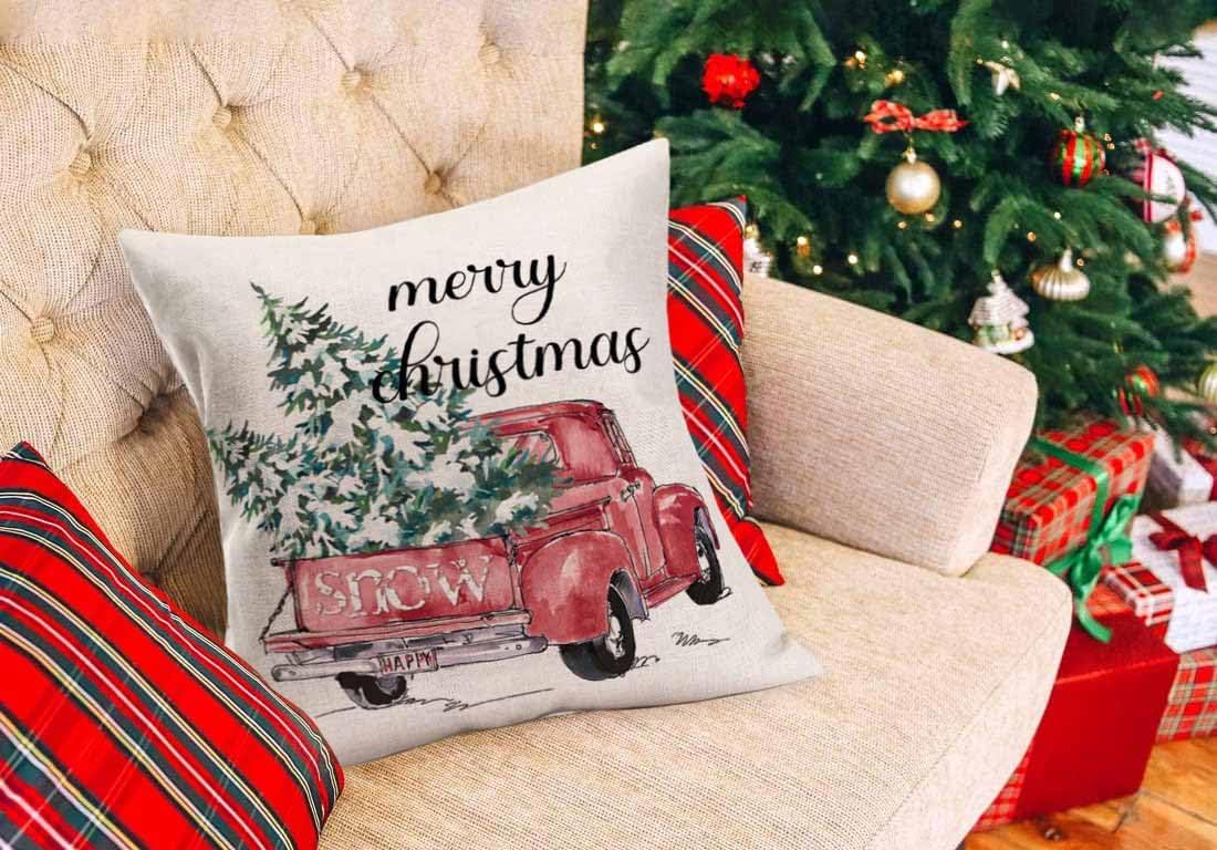MEHOTOP Funda de almohada decorativa de Navidad de 16 x 16 pulgadas, tamaño estándar, camión de nieve rojo, árbol de Navidad, fundas de almohada con