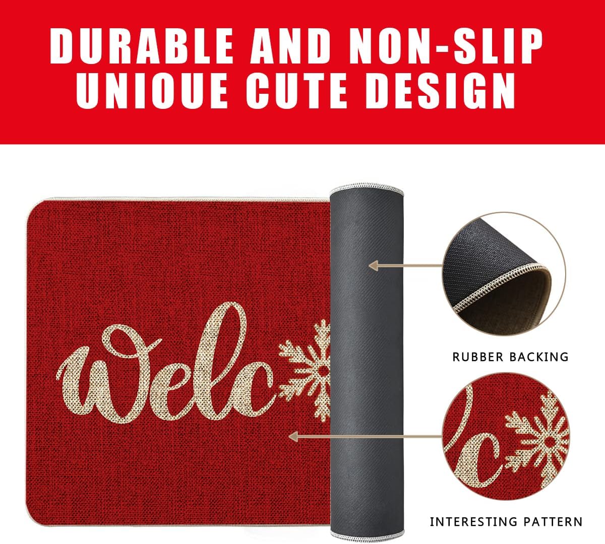 GAGEC Tapete de Navidad para exteriores, tapete rojo de bienvenida con copos de nieve, tapete de entrada para puerta de invierno, decoración de casa
