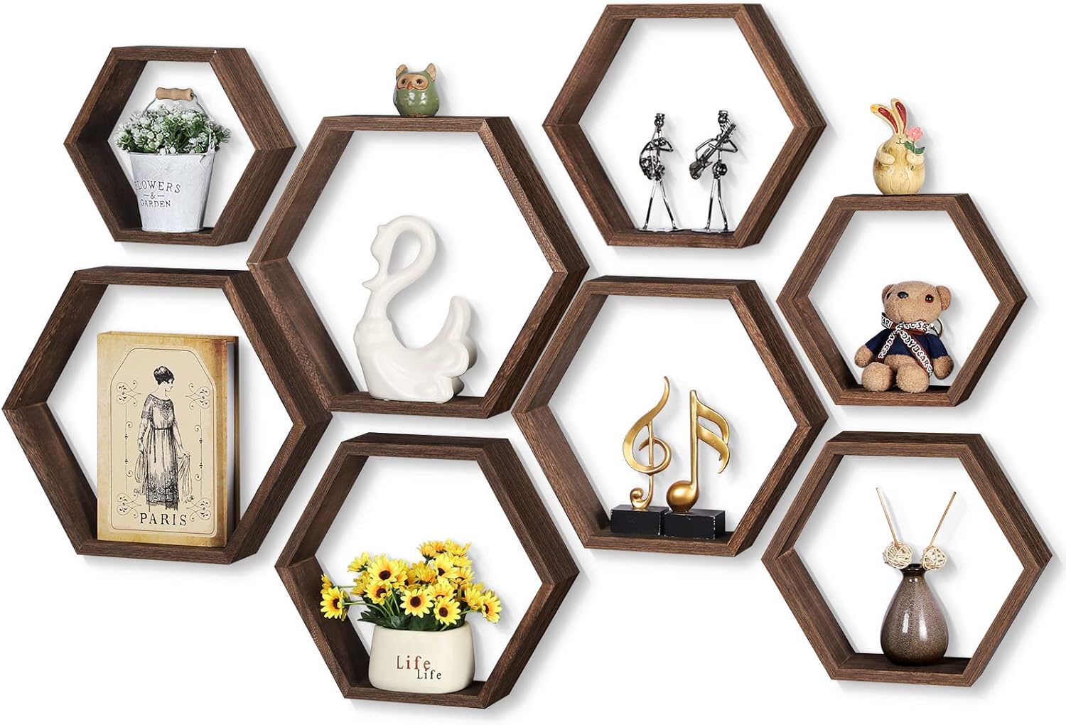 SEHERTIWY Paquete de 8 estantes flotantes hexagonales, estante de pared de nido de abeja de madera marrón para casa y oficina