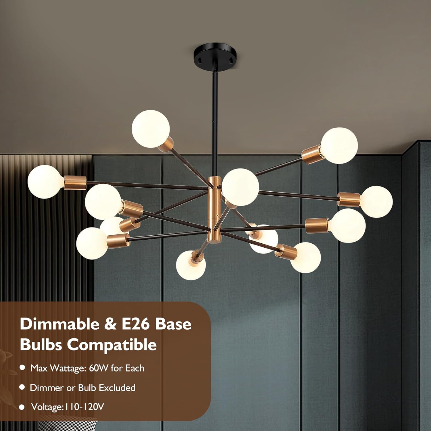 Candelabro Sputnik de 12 luces, lámparas colgantes negras y doradas, moderna lámpara de comedor de granja de latón de mediados de siglo, altura