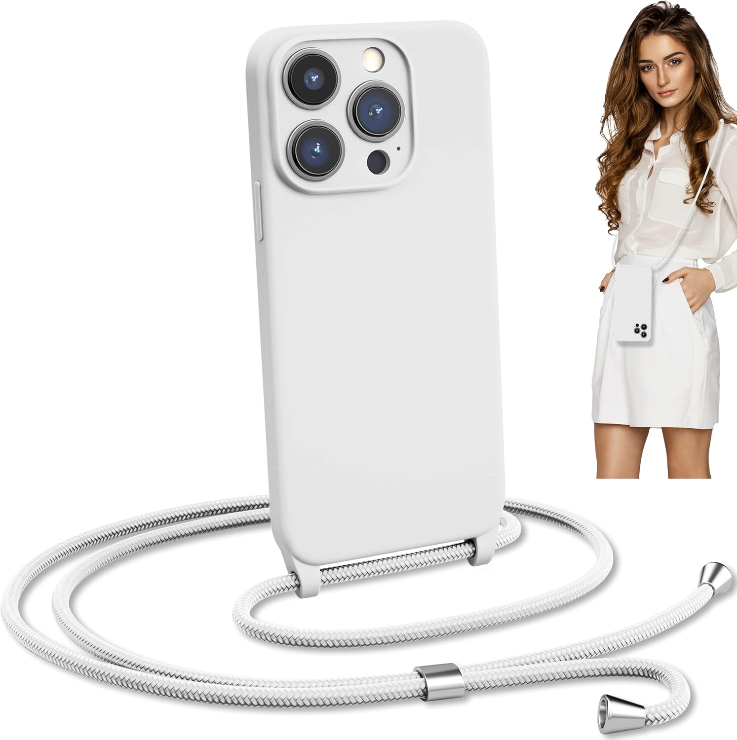 Blaspins Funda de correa cruzada con cordón para iPhone 15 Pro, manos libres, cuello cruzado, cuerda ajustable extraíble, protección contra caídas a