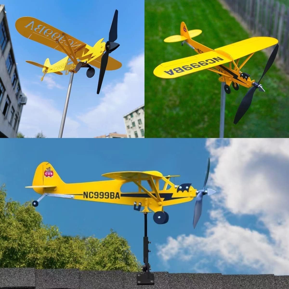 Piper J3 Cub – Veleta de viento de avión 3D, molino de viento de metal, flotador mágico, veleta al aire libre, escultura de viento para decoración