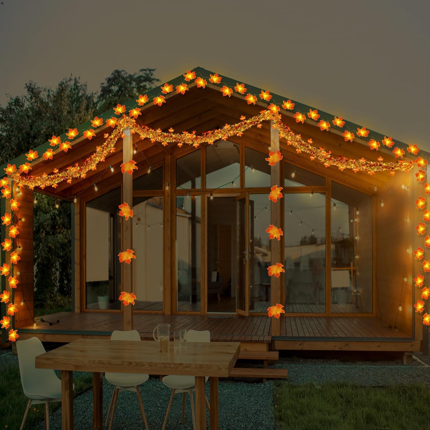 Decoraciones de otoño, guirnalda de oropel con purpurina de 33 pies, 40 luces LED de hojas de arce, hojas de arce artificiales para boda, calabaza,