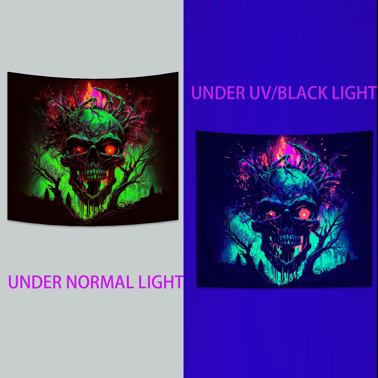 SparkLia Tapiz de calavera de fuego con luz negra, tapiz para colgar en la pared, tapiz de neón de terror oscuro aterrador, bosque de esqueleto