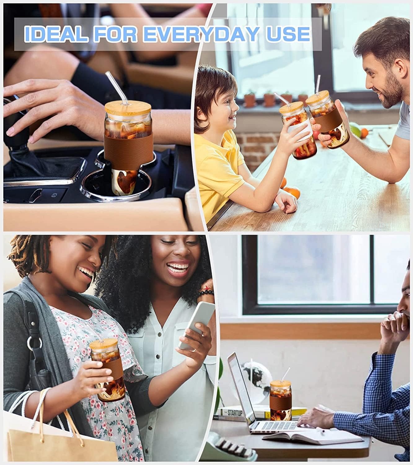 4pcs Set glass cups with Bamboo Lid And Straw – 16oz Can Shaped Drinking Glass Set, Iced Coffee Mug, Cute Tumbler Cup, Whiskey, Cocktail, Water-