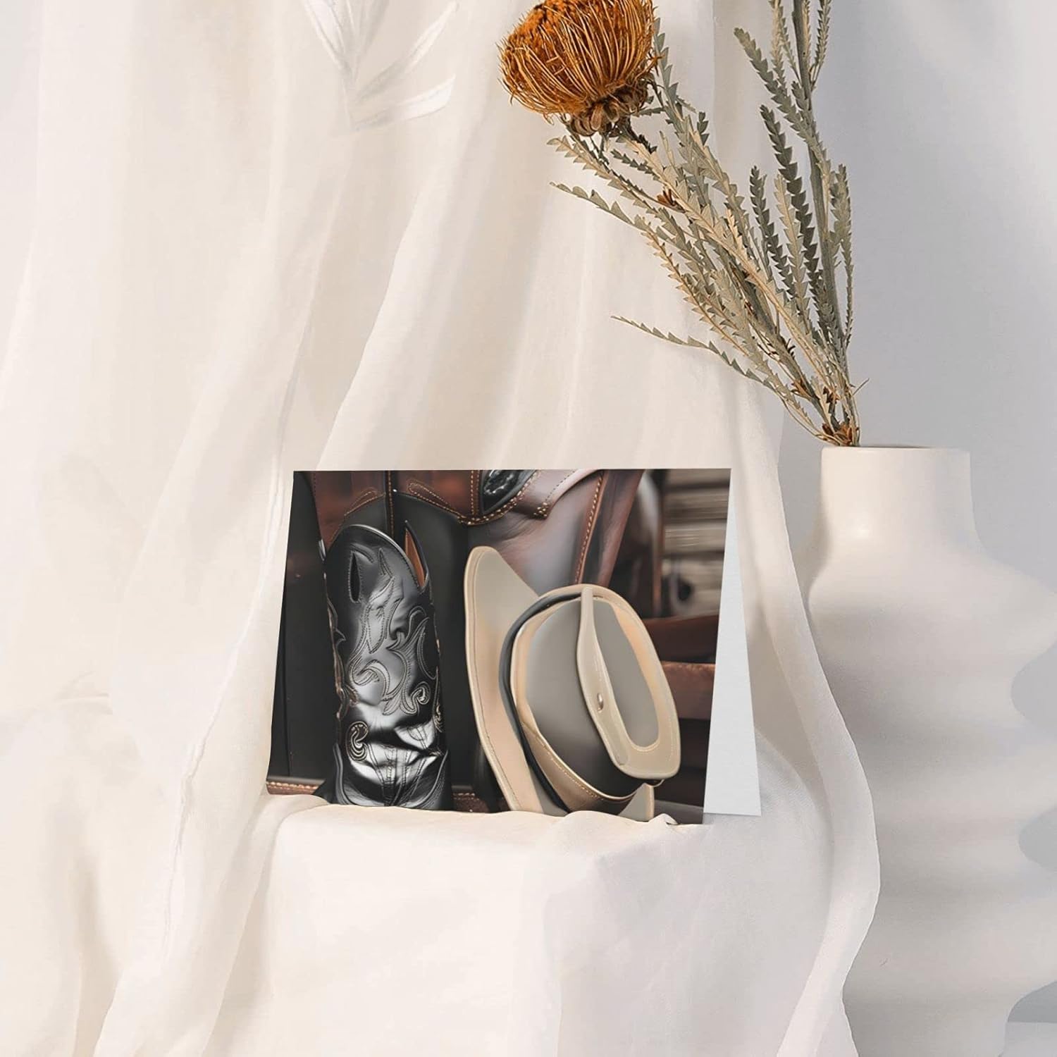 Cowboy Black Hat Western Boots – Tarjeta de felicitación de vacaciones, tarjeta de aliento para seres queridos o seres queridos, interior en blanco