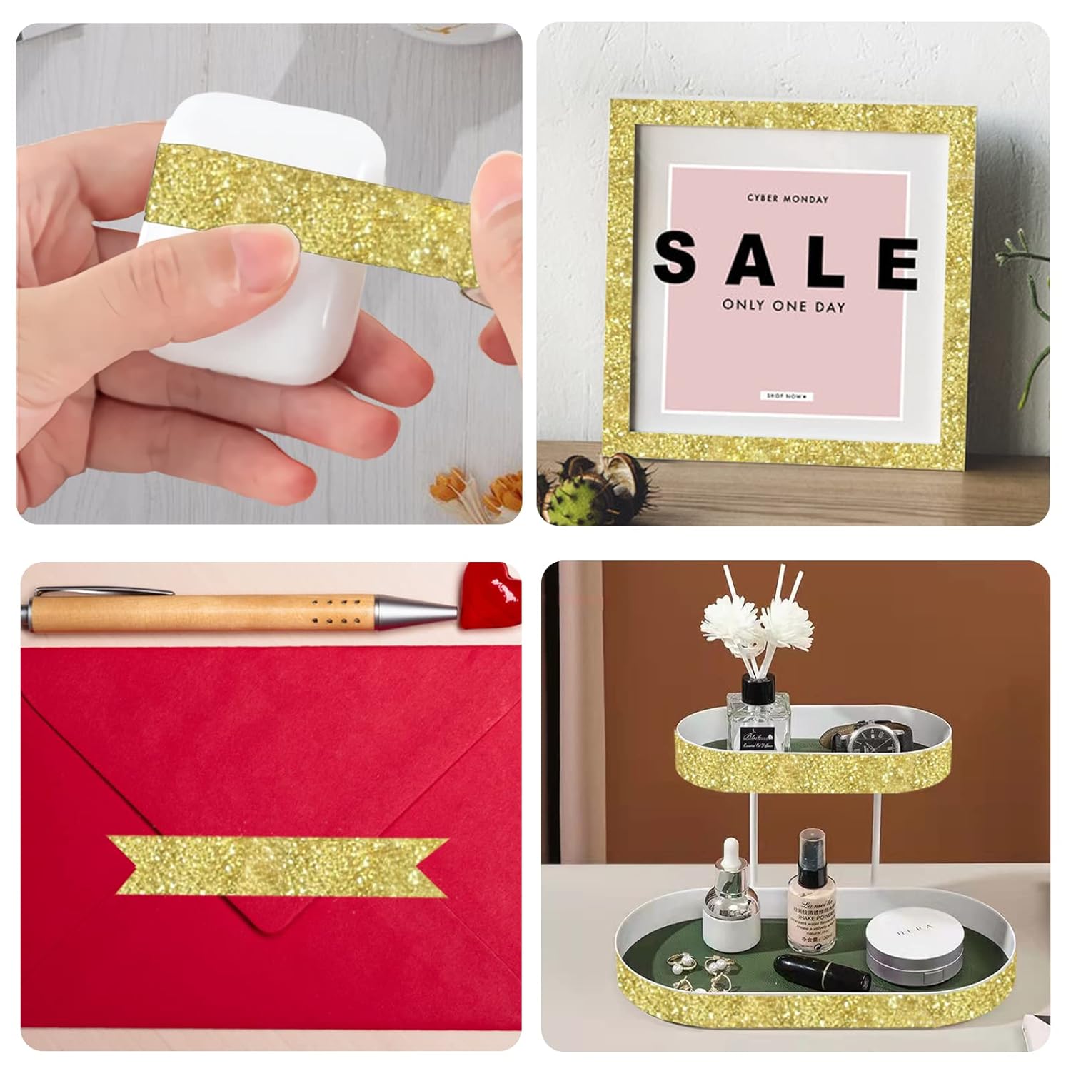 Cinta Washi con purpurina, 3 rollos de cinta decorativa dorada de 58 pulgadas (0.591 in), autoadhesiva para manualidades con ribete dorado con