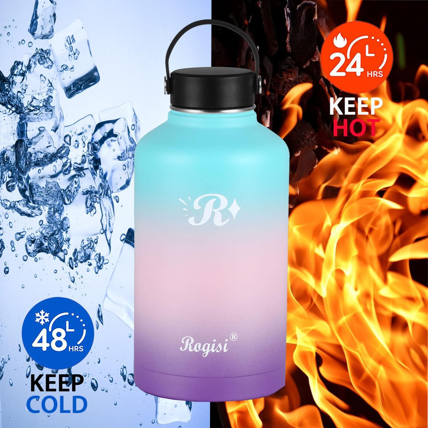 Botella de agua grande de medio galón64 onzas aislada con popote, funda y 2 tapas, jarra de agua de acero inoxidable con boca ancha, termo de metal