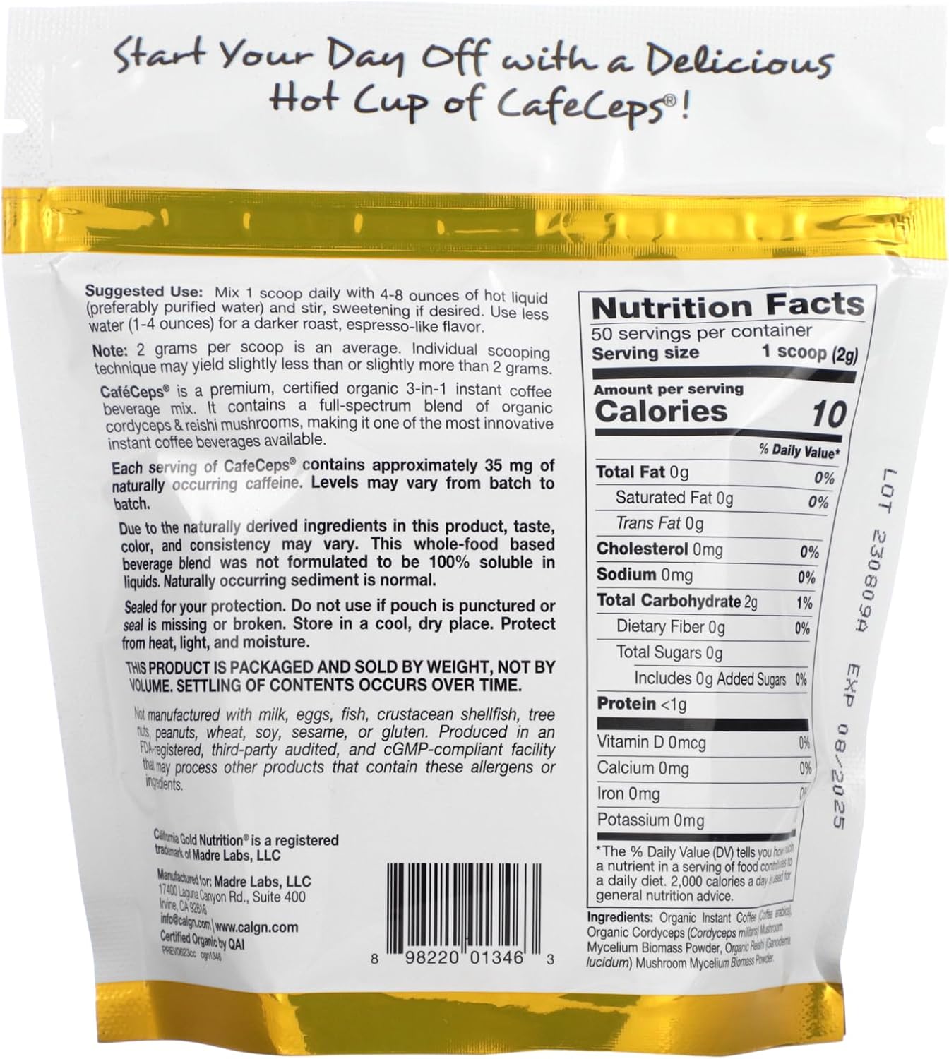 CafeCeps, Café instantáneo orgánico certificado con Cordyceps y polvo de hongos Reishi, 3.52 oz (100 g), California Gold Nutrition