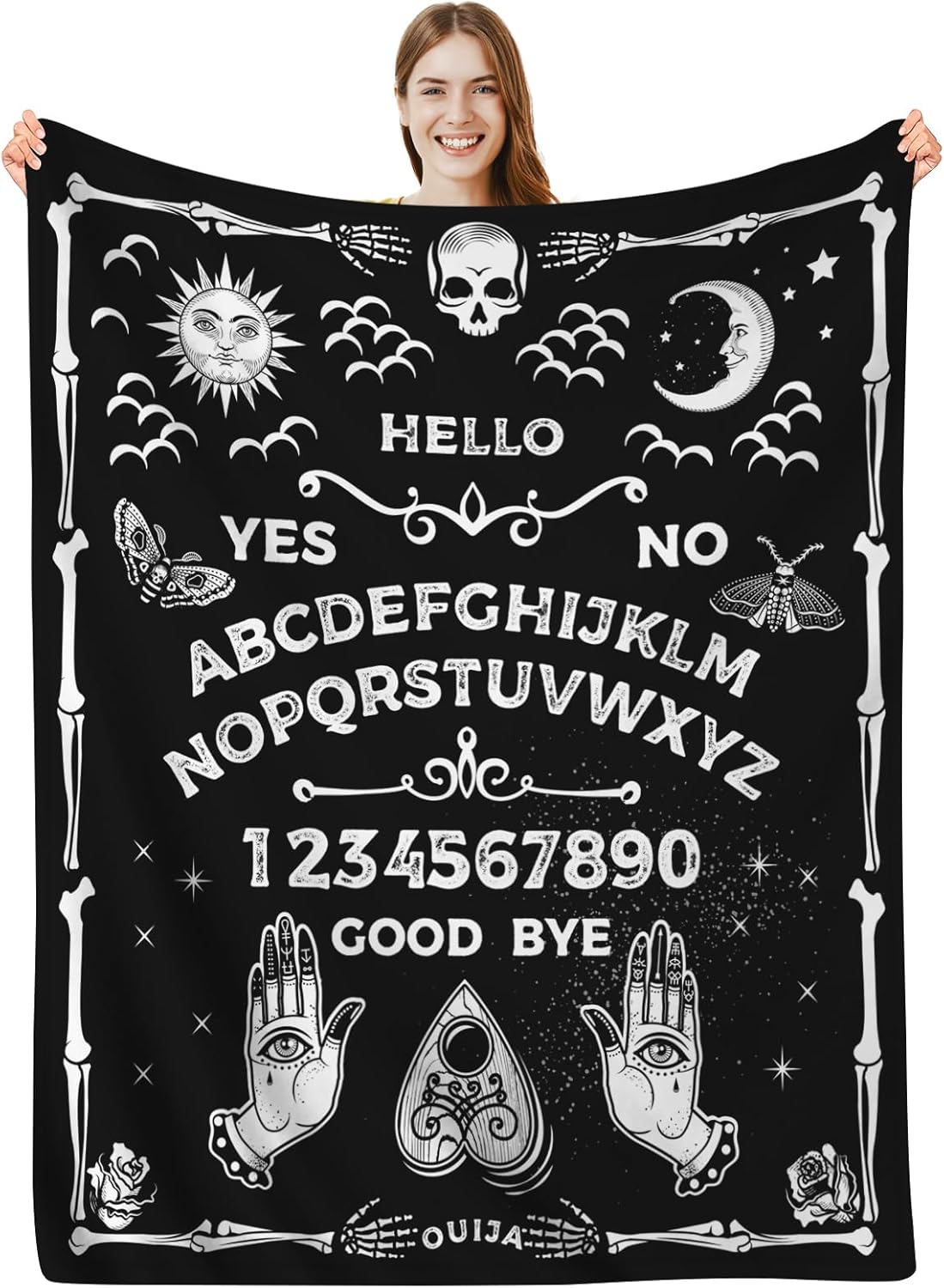 Manta gótica Ouija divertida de terror con diseño de calavera, sol, luna, bruja, negra, para adultos y niños, ropa de cama gótica de Halloween,