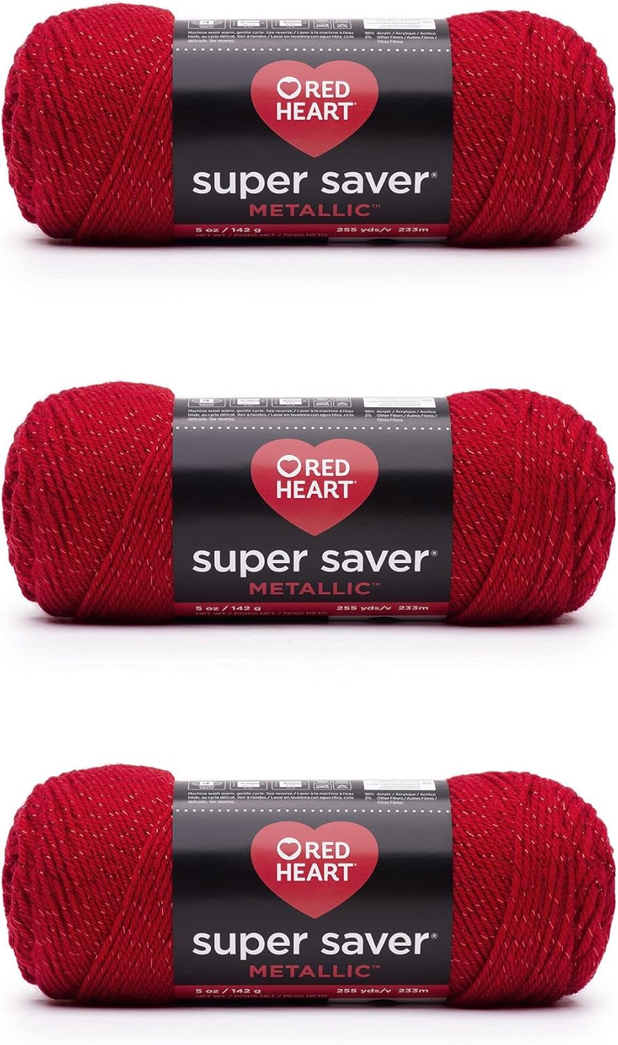 Red Heart – Ovillo metálico Super Saver Metallic de color rojo, paquete de 3 unidades de 5 onzas, acrílico, mediano número 4 (lana peinada), 255