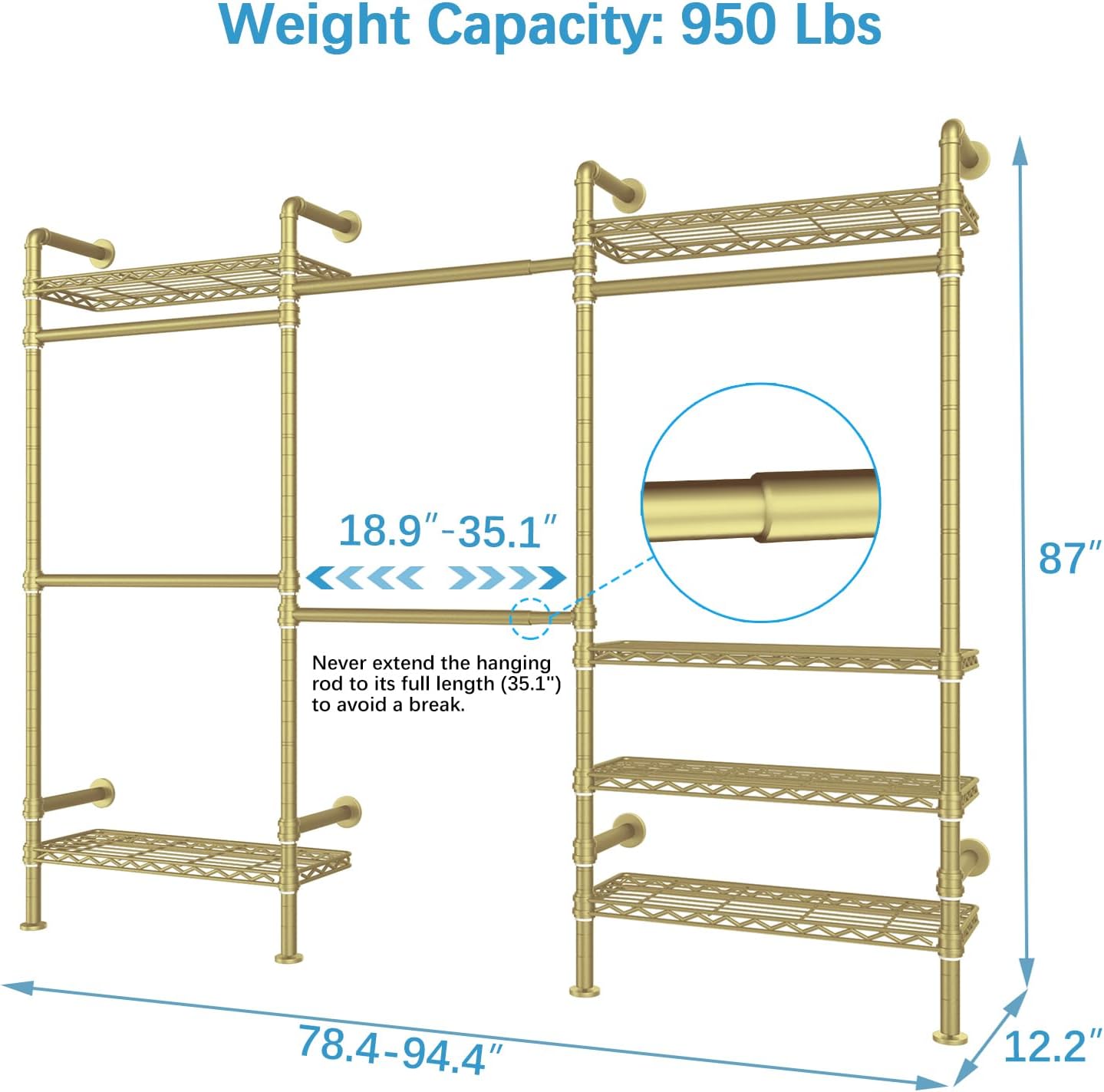 Timate F3 Perchero resistente para colgar ropa, perchero industrial expandible montado en la pared, armario de almacenamiento ajustable, sistema de