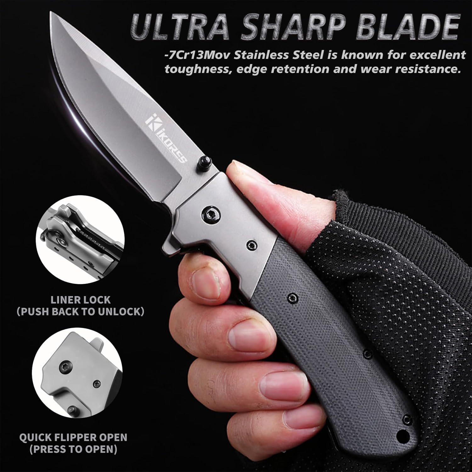 IKORES Cuchillo de bolsillo con mango G10, cuchillo plegable de 3.5 pulgadas con clip de bolsillo y funda de nailon, gran regalo para hombres y