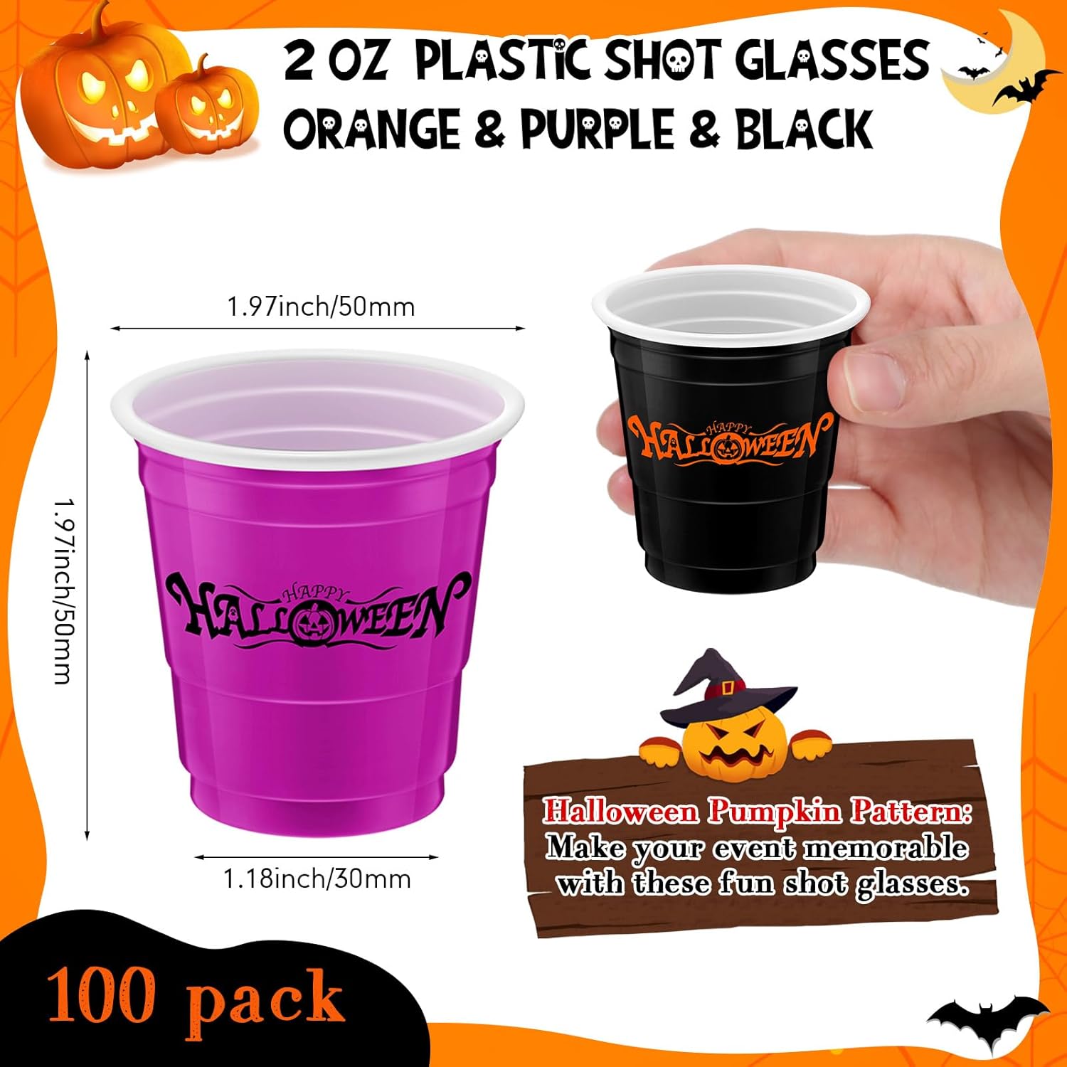 Lounsweer 100 vasos de plástico para Halloween, vasos desechables de 2 onzas, mini vasos de fiesta de 2 onzas para despedida de soltera, cumpleaños,