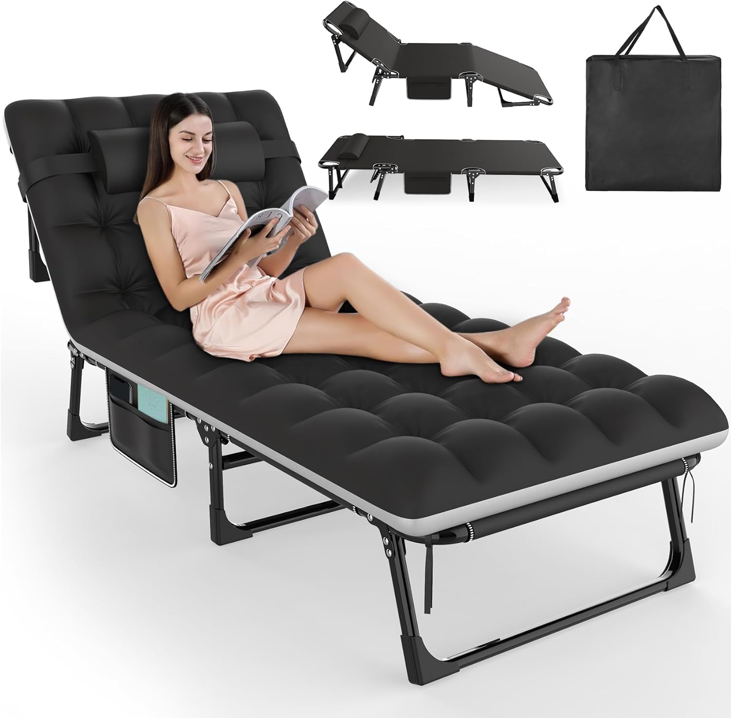 Slendor Cuna plegable 3 en 1 para acampar, tumbona ajustable en 5 posiciones, catres de dormir portátiles para adultos con bolsa de almacenamiento