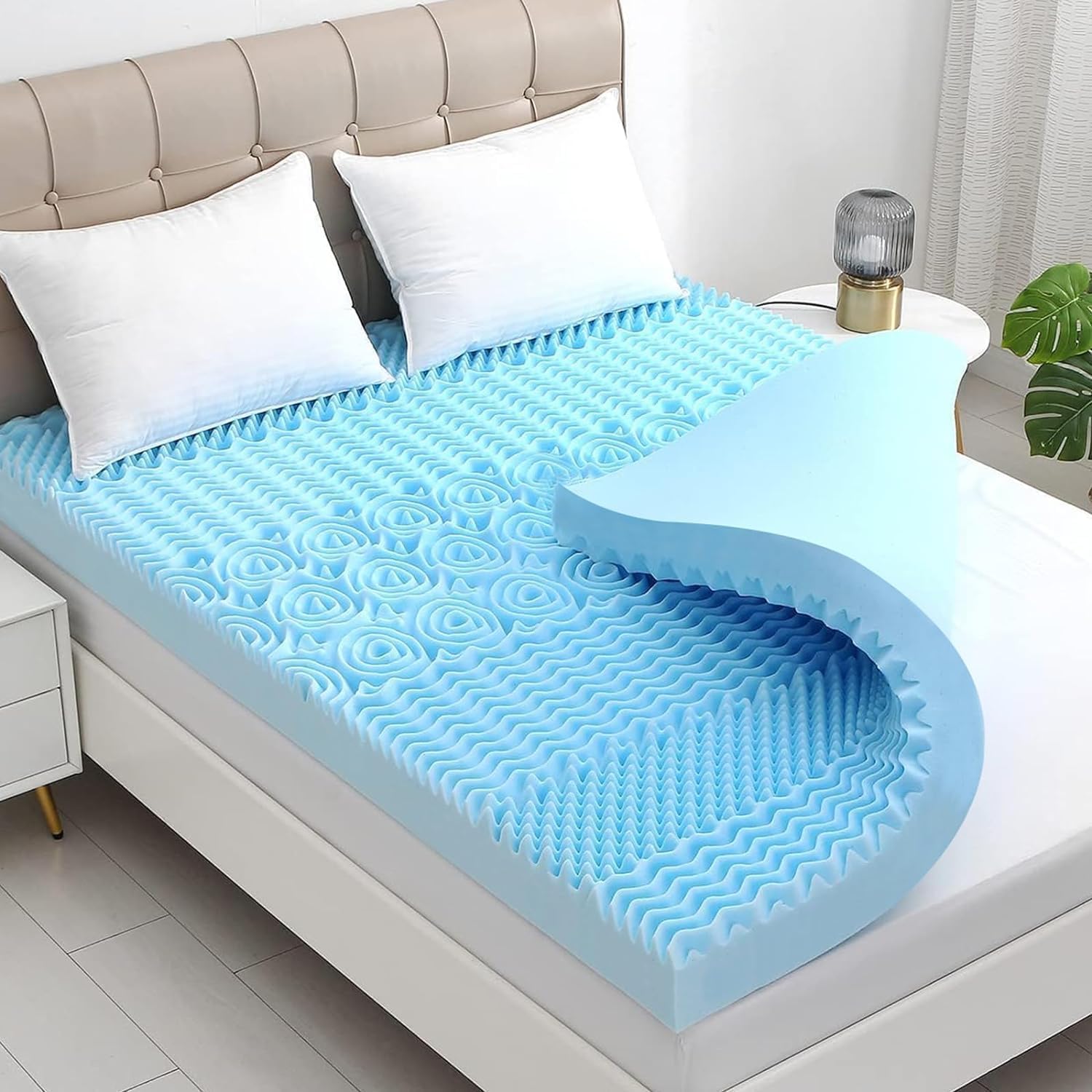 YUGYVOB Cubrecolchón de espuma viscoelástica de 2 pulgadas, tamaño matrimonial, 7 zonas, para dolor de espalda, con infusión de gel refrescante,