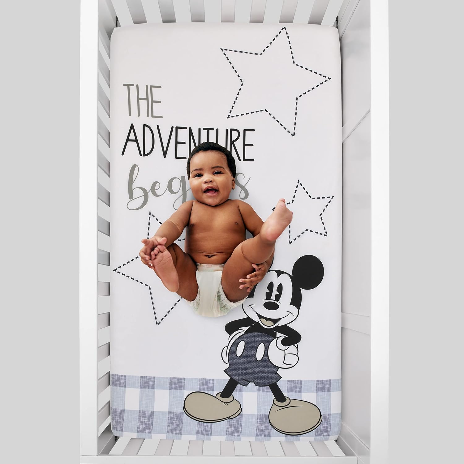 Disney Mickey Mouse – Call Me Mickey White and Blue The Adventure Begins Stars and Gingham 100% algodón Photo Op Nursery Sábana bajera ajustable