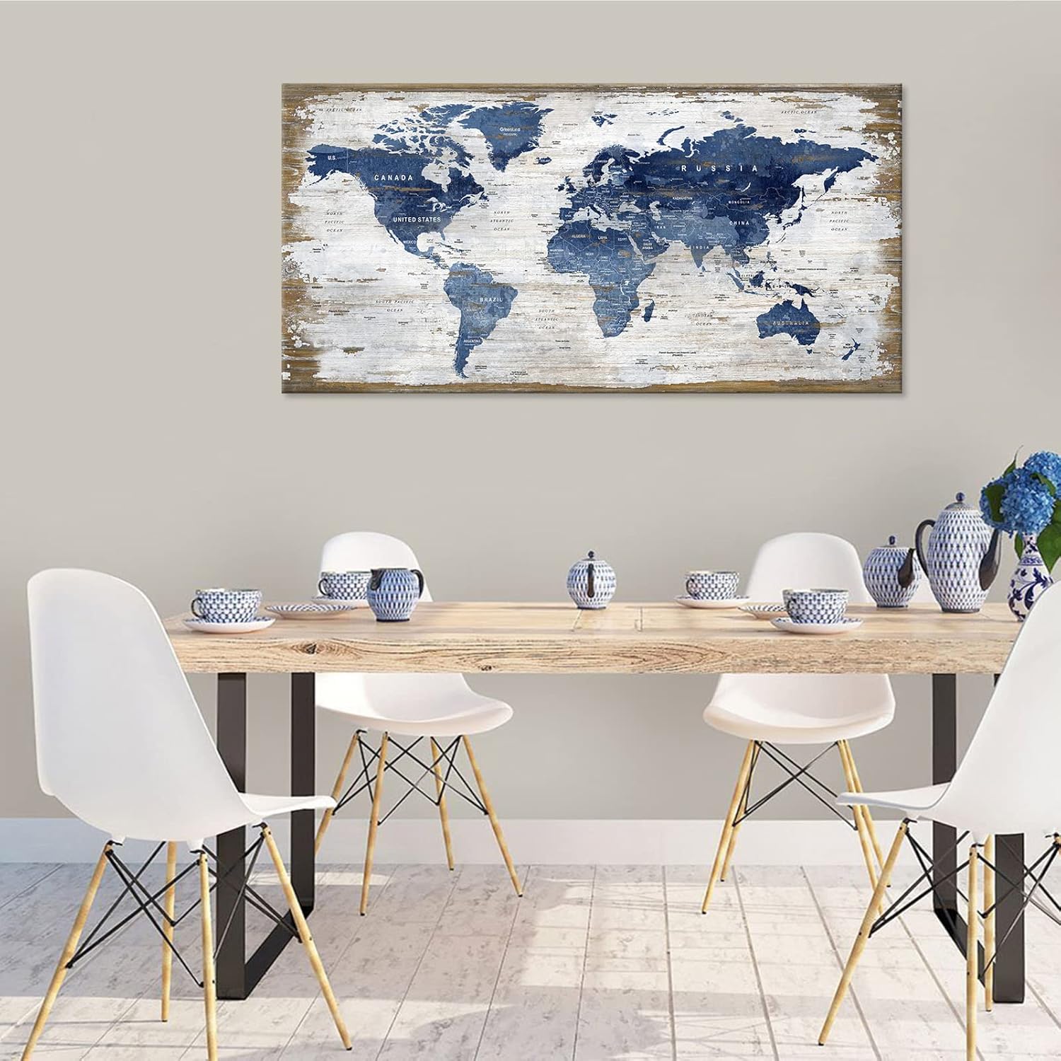 Lienzo grande con mapa del mundo vintage, arte para la pared, diseño de mapa azul oscuro del mundo, imágenes de mapas retro, impresiones artísticas