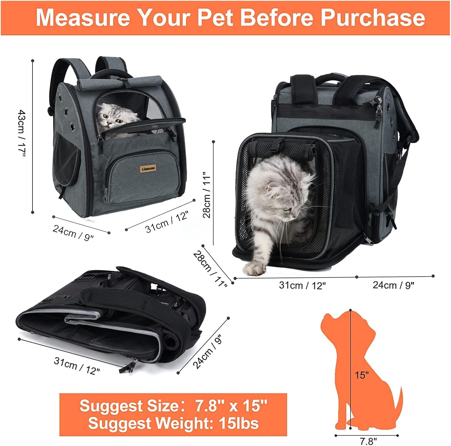 Mochila para gatos, bolsa de viaje grande para senderismo, bolsa de viaje para perros, funda de transporte expandible para gatos, plegable, aprobada