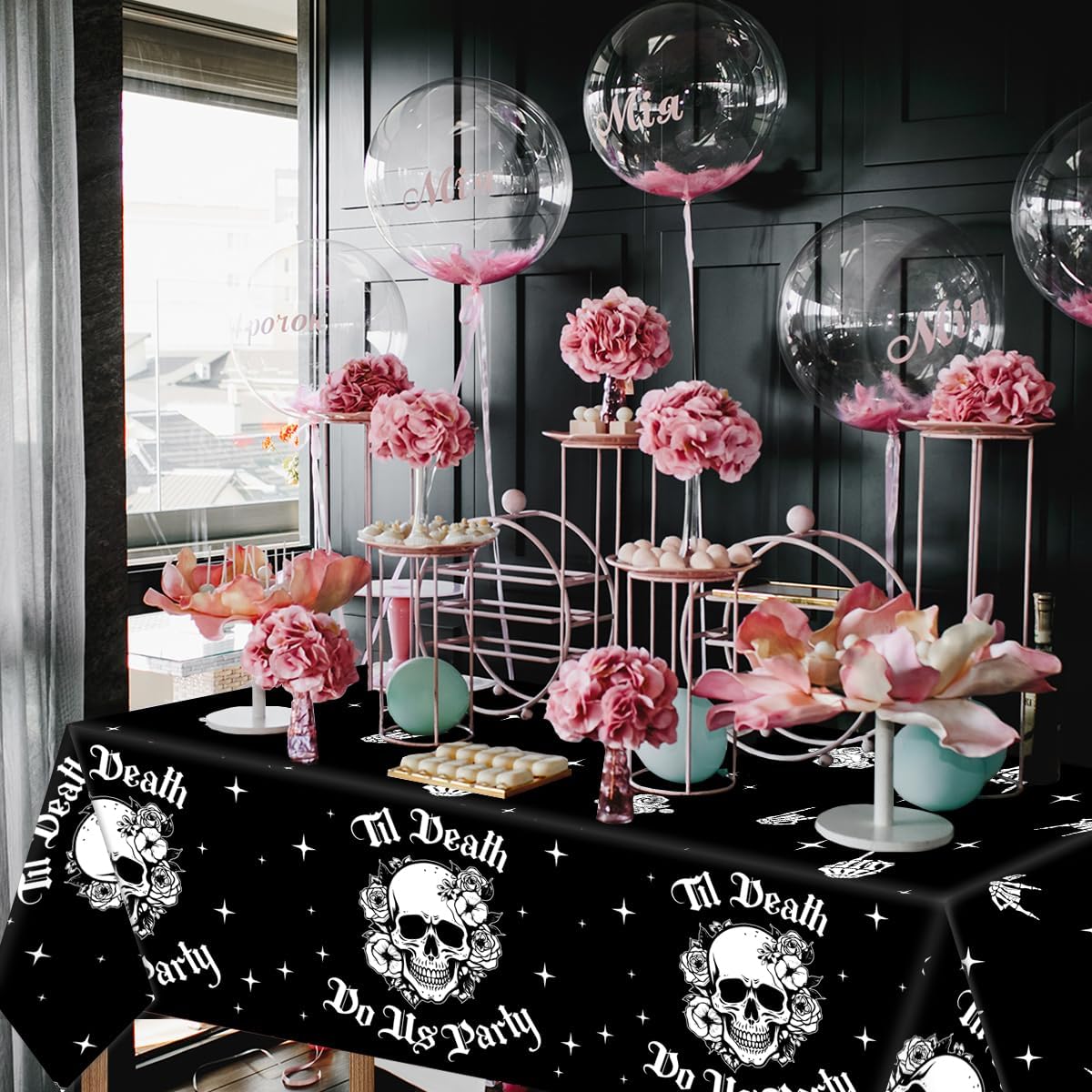 CMUSKO 3 manteles para fiesta de Til Death Do Us, decoraciones de despedida de soltera de Halloween, diseño de calavera gótica negra, desechables,