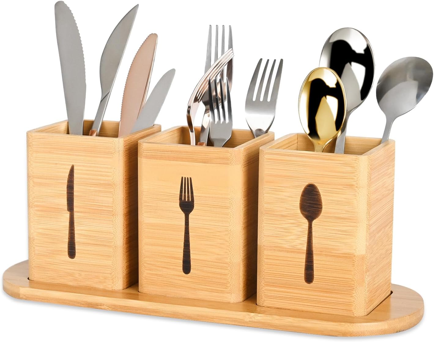 GEHE Silverware Caddy for Countertop, Natural Bamboo Utensil Caddy for Parties, Utensil Holder with 3 Compartment, Silverware Organizer Storage