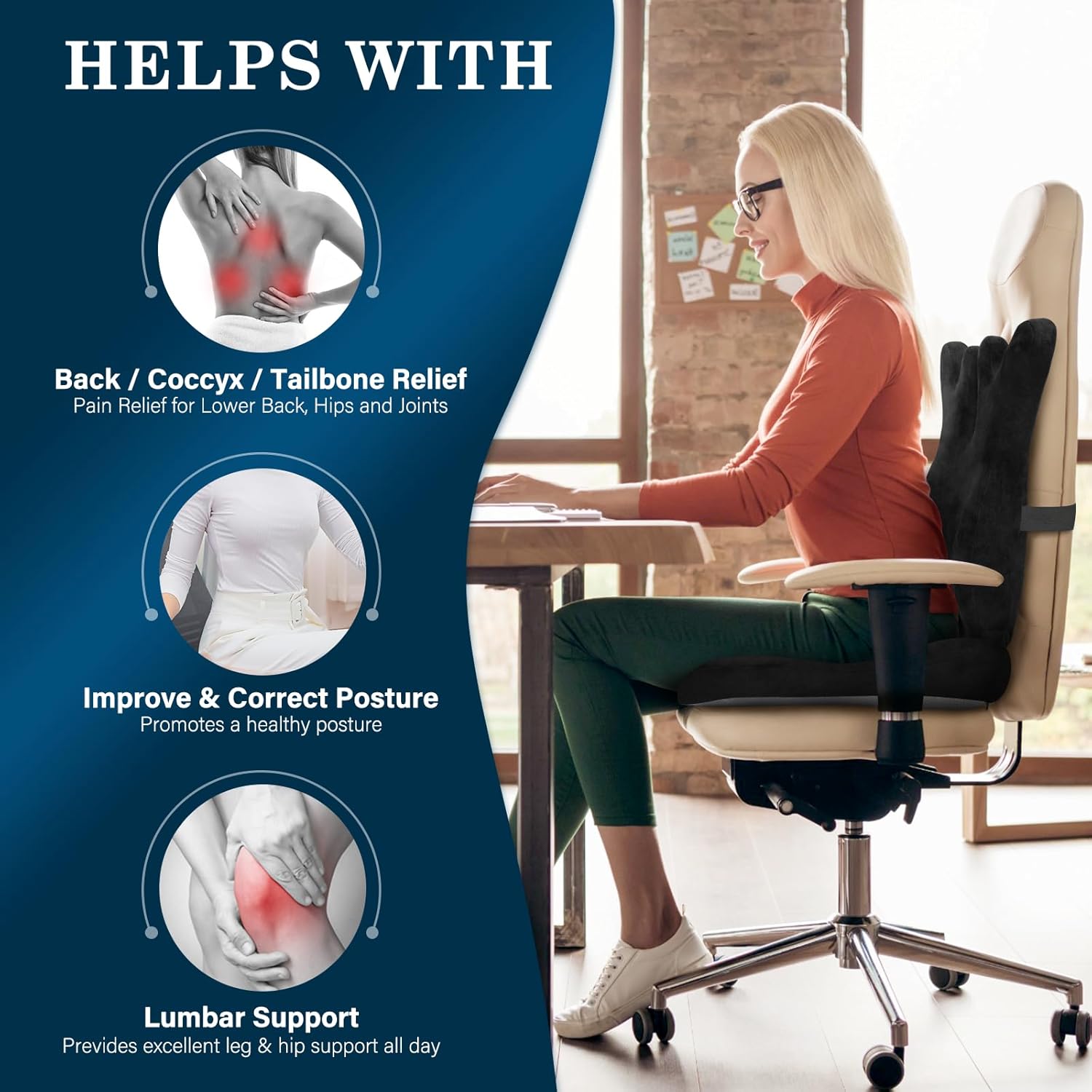 Eyamummo – Combo de cojín de asiento y respaldo para silla de oficina, cojines ergonómicos de espuma viscoelástica pura y almohada ortopédica de