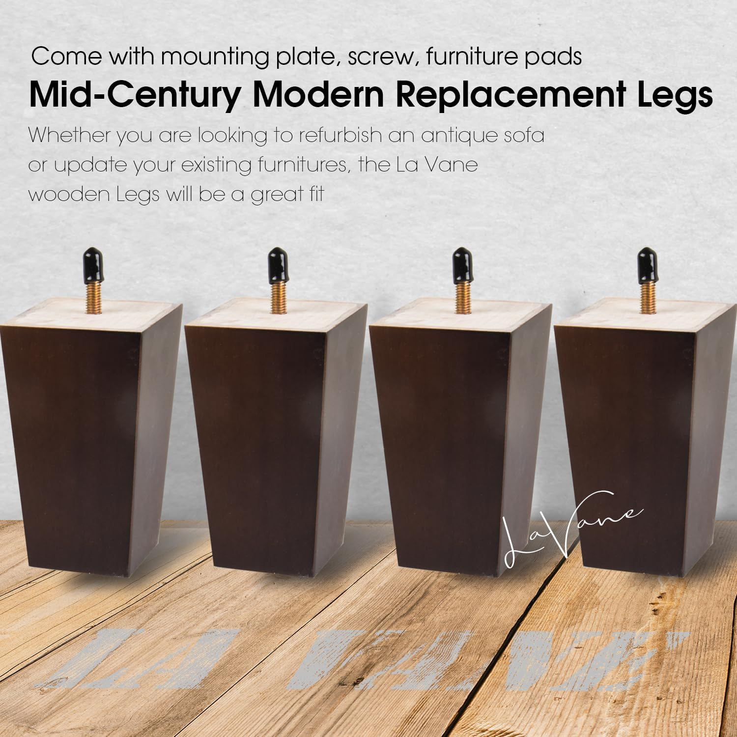 Patas de madera de 10 pulgadas, juego de 4 patas cuadradas de madera maciza de nogal de mediados de siglo con pernos preperforados de 516 pulgadas,