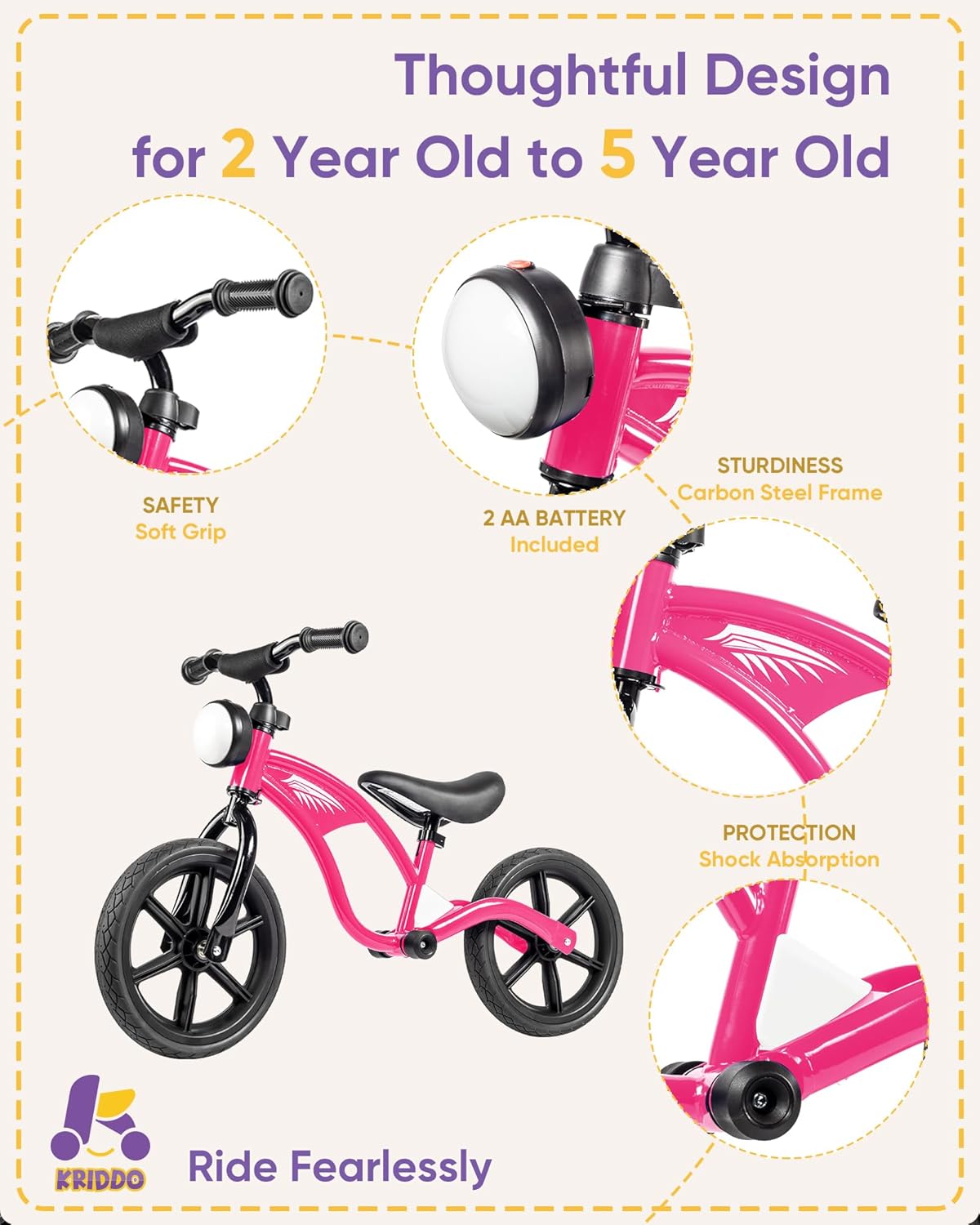 KRIDDO Bicicleta de equilibrio para niños de 2 años, de 24 meses a 5 años, luz delantera, rueda de goma, bicicleta de regalo para niños y niñas de 2