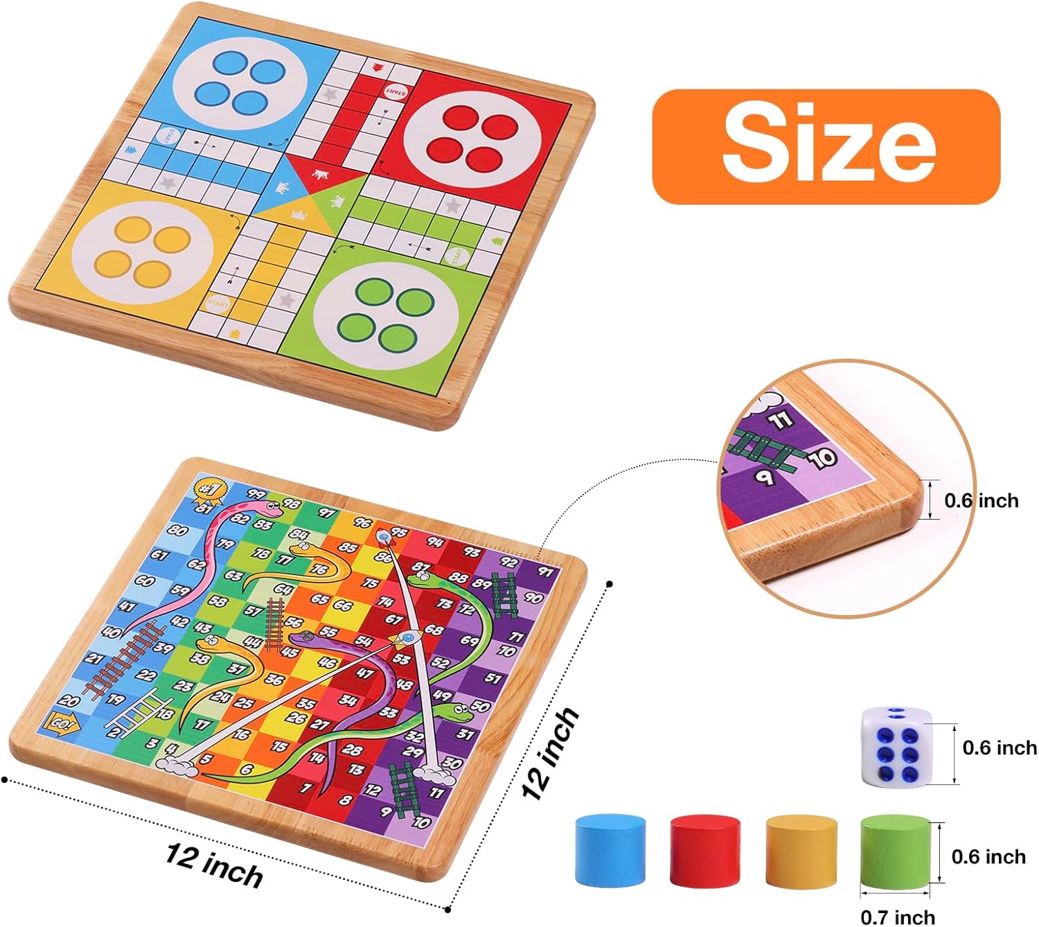 Crobyi Juego de mesa Ludo de 12 pulgadas + juego de mesa de serpientes y escaleras, 2 en 1, juego de mesa clásico para adultos y niños, incluye 1