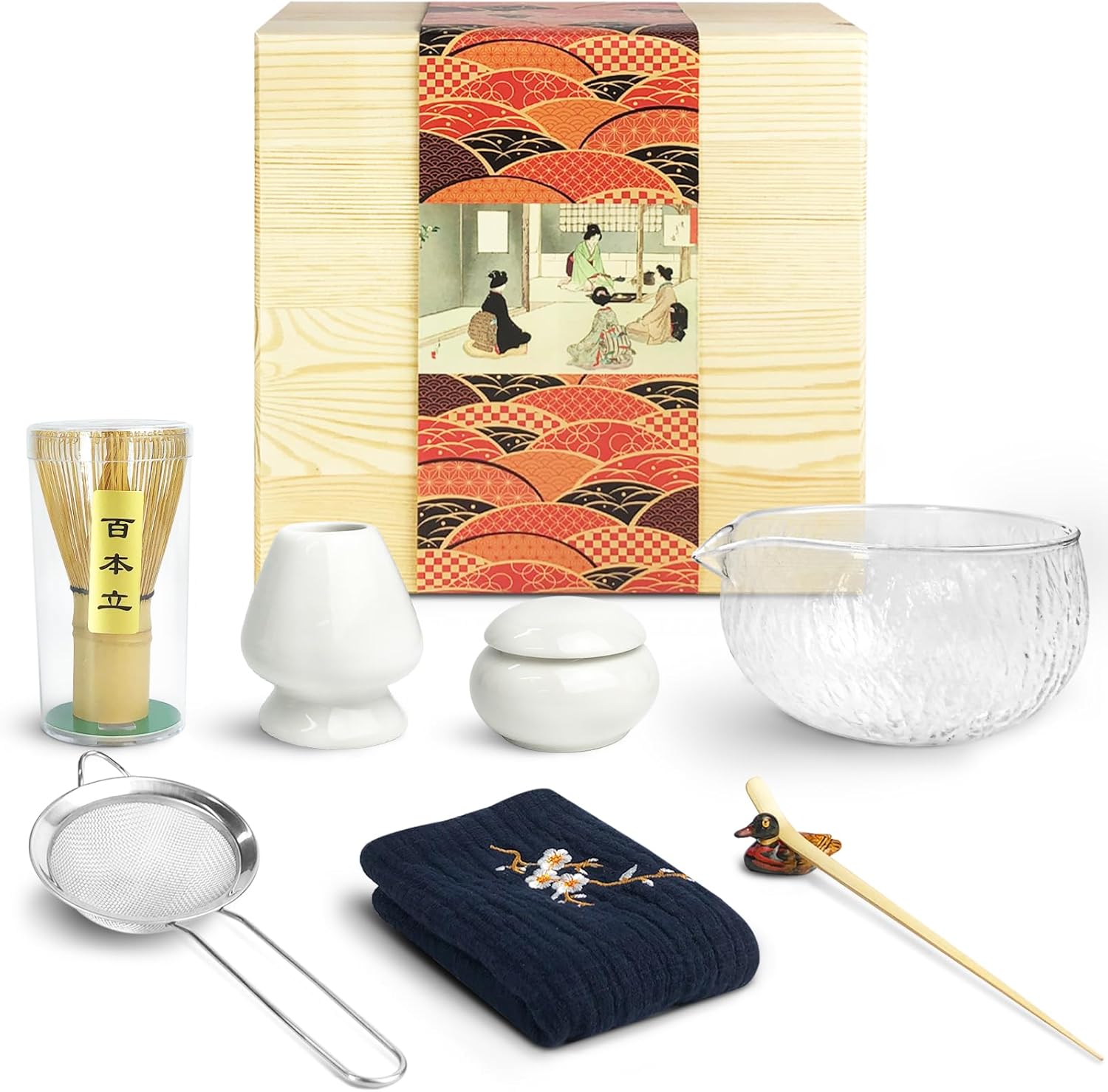Artcome Juego de té matcha japonés, cuenco de vidrio con boquilla para verter, batidor de matcha, soporte para batidor de cerámica, organizador de