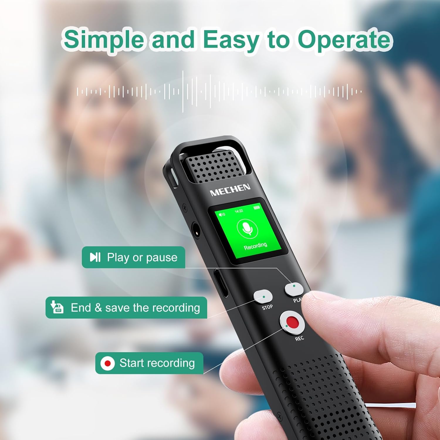MECHEN – Grabadora de voz digital de 64 GB activada por voz para conferencias y reuniones, pequeño dictáfono recargable de 1536 Kbps con