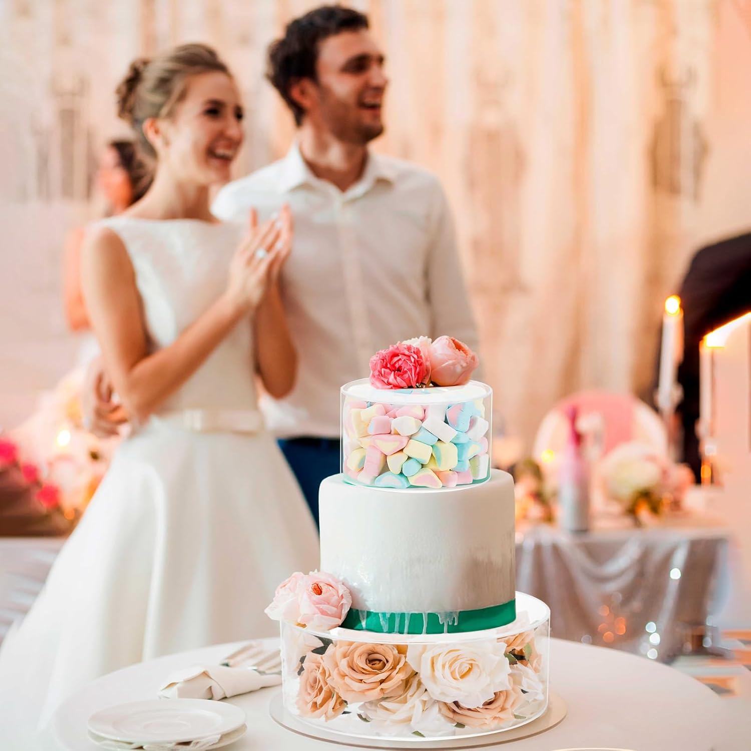 Juego de 2 soportes transparentes para tartas de boda, soporte de exhibición de acrílico para tartas escalonadas rellenable redondo con tapa, centro